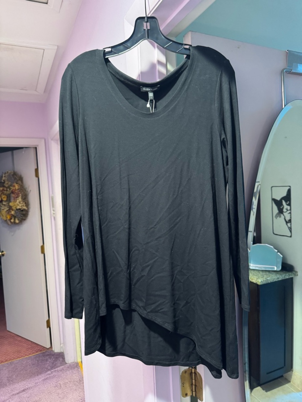 NWT! Eileen Fisher Size L Black Long Sleeve Scoop Neck Top
